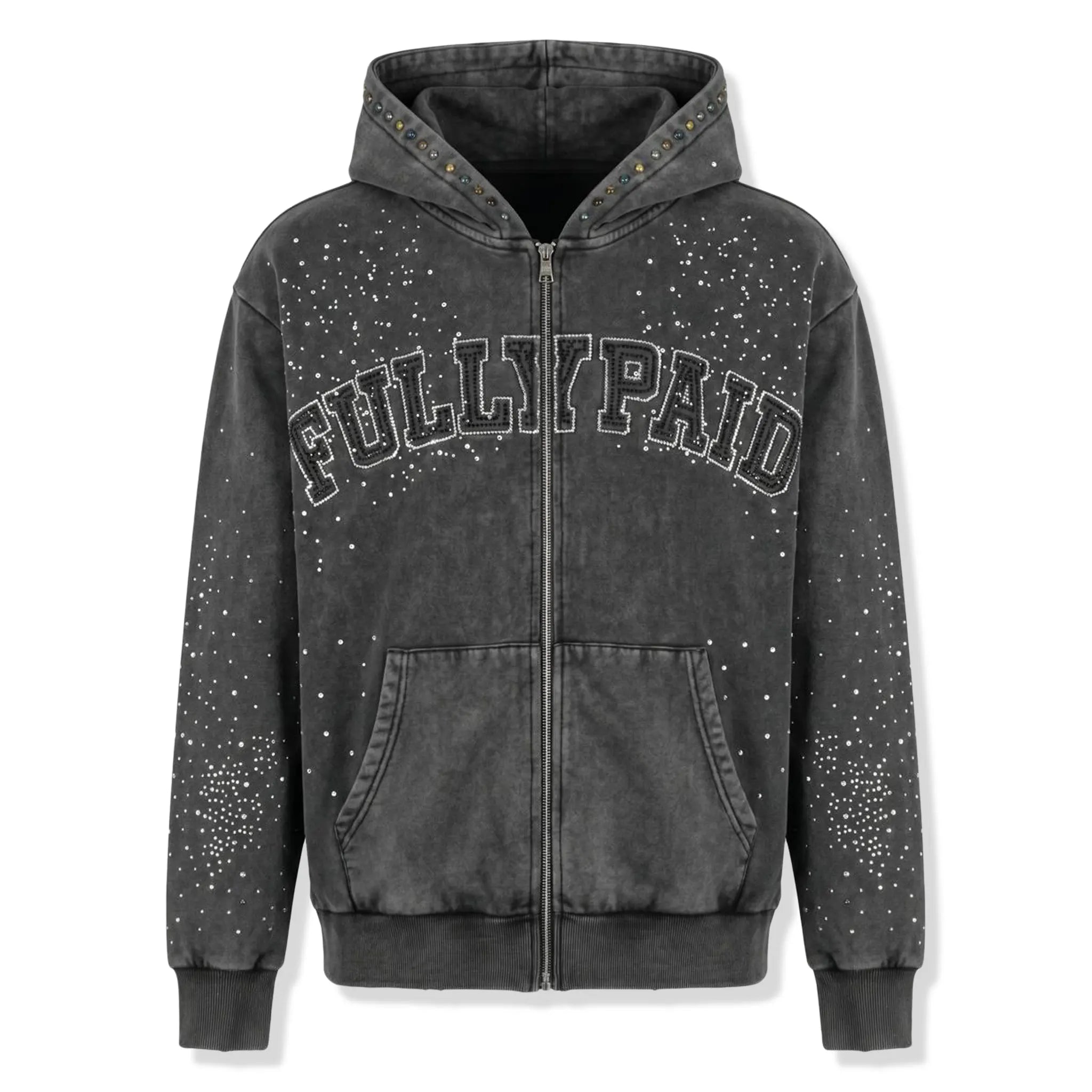 Front View of Fully Paid Black Wash Gem Hoodie
